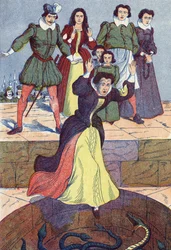 A horrível saída está a atirar para dentro do tanque. Ilustração anônima de "La belle au bois dormant", conto de Charles Perrault (1628-1703), escritor francês. Imagery Marcel Vagne, Jarville Nancy, sem data (final do século XIX).