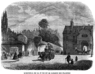 O hospital de pitie salpetriere (PITIE-SALPETRIERE) e o jardim de plantas em Paris, em 1858.