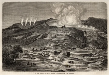 A fonte quente de Te Tarata, rodeada por terraços sobrepostos de sílica branca, à esquerda, quatro gêiseres e à direita, lago e cascata, desenhada por Lancelot, para ilustrar a viagem de Ferdinand de Hochstetter à Nova Zelândia de 1858 a 1860. Engr