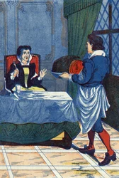 O mestre do hotel serve uma criança ao ogressor. Ilustração de "La belle au bois dormant", conto de Charles Perrault (1628-1703), escritor francês. Ilustração anônima. Imagery Marcel Vagne, Jarville Nancy, sem data (final do século XIX).