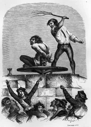 O corcunda Quasimodo no pelourinho. Ilustração do romance de Victor Hugo «Notre-Dame de Paris», de 1844.