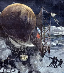 O balão de hidrogénio Oernen (Aquila) do engenheiro sueco Solomon Andrée (1854 - 1897) durante uma tempestade de neve numa ilha na Dinamarca, pouco antes da partida para o Pólo Norte, uma expedição que se perderá. 1897