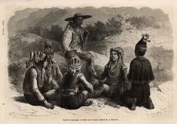 A população indígena de Xieng Hong (Laos), vestindo trajes tradicionais, sobre o casaco, um peito de veludo com enfeites, com saia ou calças curtas completas por um pequeno boné decorado. Gravura para ilustrar a viagem de exploração na Indochina, b