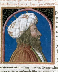 O rei da Pérsia Artaxerxes III Ochos (falecido em 338 a.C.) Miniatura tirada de "Paralelos de homens ilustres" de Plutarco (46-125 d.C.) (MS XV. 1) século XV. Cesena, Biblioteca Malatestiana
