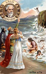 O rei de Ys, lendária cidade da Bretanha que teria sido subjugada pelas ondas do século IV ou V. Edouard Lalo (1823 - 1892), representado na parte superior esquerda, compôs a ópera "Rei de Ys" (1888). chromolithographof do século XIX.
