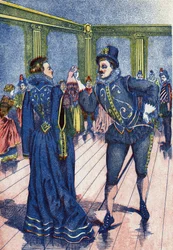 O filho do rei faz a Cinderela dançar. Ilustração para "Cinderela", conto de Charles Perrault (1628-1703), escritor francês. Imagery Marcel Vagne, Jarville Nancy, sem data (final do século XIX).