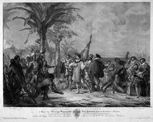 O desembarque de Cristóvão Colombo em San Salvador (Bahamas) em 12/10/1492. A gravura do século XIX.