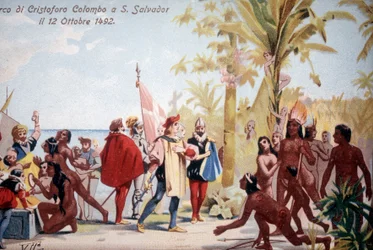 O desembarque de Cristóvão Colombo em San Salvador (Bahamas) em 12/10/1492. cromolitografia do século 19.