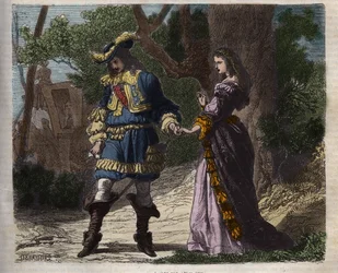 A última entrevista de Marie Mancini (1639-1715) com Luís XIV (1638-1715) antes de sua partida da corte para Brouage em 22 de junho de 1659, o exílio organizado pelo Cardeal Mazarin para mantê-lo afastado do rei - A ilustração tira do "Visconde de Bra