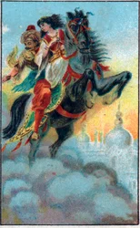 A fuga. Conto "Histoire du cheval enchante" em "Les mille et une nuits" (les 1001 nuits ou Le mille e una notte, Arabian Nights). Cromolitografia do final do século XIX.