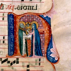 A letra "N" com uma representação da Apresentação no Templo: f.36v do Antifonário