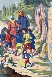 O pequeno poucet semeia rochas no seu caminho. Ilustração para "Le Pepetit poucet", conto de Charles Perrault (1628-1703), escritor francês. Ilustração anônima. Imagery Marcel Vagne, Jarville Nancy, sem data (final do século XIX).