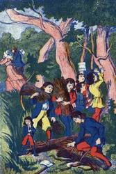 Os madeireiros abandonam seus filhos, Ilustração para "Le Pepetit poucet", conto de Charles Perrault (1628-1703), escritor francês. Ilustração anônima. Imagery Marcel Vagne, Jarville Nancy, sem data (final do século XIX).