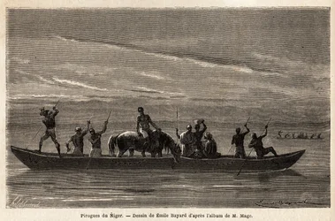 As longas canoas das Bambaras no rio Níger, manobradas com longos poleiros, podem transportar várias pessoas e até gado ou cavalos. Gravura para ilustrar a viagem ao Sudão Ocidental do Tenente (Marinha) M.Mage, em 1863-1866, publicada em "Le tour du mo