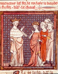 O casamento de Luís II o Begue (846-879) rei dos Francos e Adelaide do Friuli em 875 Miniatura de "Grandes Crônicas da França" 1375-1379 Biblioteca Municipal, Castres