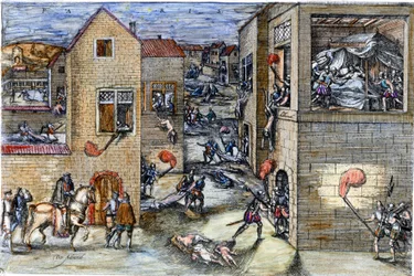 O massacre de Saint Barthelemy (1572).gravura do século XVII.