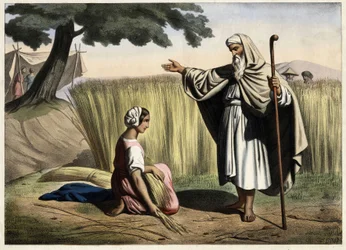 O encontro de Rute e Boaz (Booz), avós do Rei de Israel David (1000-972 AC). Gravura anónima de meados do século XIX.