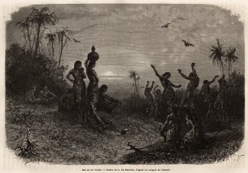 O baile ao luar, que encerra a cerimônia de aniversário de 18 anos e o casamento de um jovem indiano de Rio Verde (Brasil). Gravura para ilustrar a viagem a Nova Granada, pelo Dr. Saffray, em 1869, publicada em "Le tour du monde" 1873, editada por