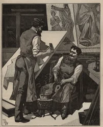 O mosaico: oficina de mosaico. Gravura de 1885 em "Les arts et metiers illustres" de Adolphe BITARD.