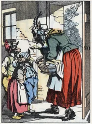 A cabra mãe parte para o passeio e avisa os seus biquetes. Ilustração do conto "Compere le Loup, Maitre Renard, Comere la Chevre et ses petits biquets" depois de uma fábula de Jean de la Fontaine. Em "Contos da casa para os pequenos". Anônimo e