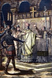 O assassinato de São Tomás Becket na catedral de Cantuária, 29 de dezembro de 1170, por cavaleiros da corte do rei Henrique II - gravura em madeira