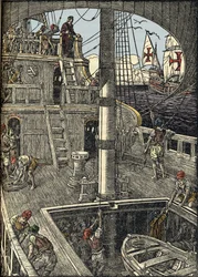 O navegador Cristóvão Colombo (1451-1506) a bordo da sua caravela.