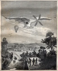 Os novos aeróstatos: a ave de Clemente Ader (1841-1925), a Eole, durante uma experiência no parque de Eugene Pereire, perto de Paris, em 1891, teria voado 15 m acima do solo - Gravura em "La Science francaise
