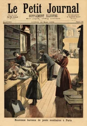 As novas estações de correios auxiliares de Paris: alguns comerciantes abrem um balcão de serviço postal paralelamente às suas atividades comerciais. Gravura em «Le Petit Journal», 14/05/1894. Coleção Selva.