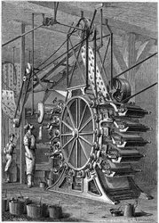 A nova máquina de impressão de papel de parede... Gravura na ilustre revista "La jeunesse"...