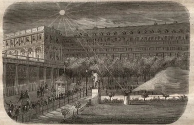 O canhão do meio-dia (canhão solar) no Palais Royal (Palais-Royal) em Paris. Gravura de 1857 em "Le Musee Des Sciences".