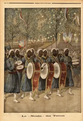 A nuba dos Turcos da Argélia, andando pelas ruas de Paris. Gravura no "Le petit journal" 25/10/1896. A colecção da Selva.
