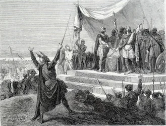 O juramento dos dois irmãos perante a sua armadura: Carlos II o Careca e Luís II o Germânico fazem o juramento contra Lothaire I (Juramentos de Estrasburgo 842). A gravura do século XIX.