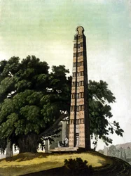 O obelisco de Axum (Aksoum) trazido a Roma pelos italianos em 1937. Il Costume antico e moderno, Jules Ferrario, Milão 1820.