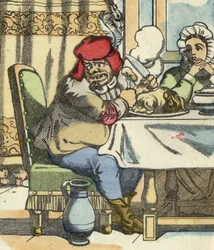 O ogre à mesa, sente a presença do pequeno Poucet e de seus irmãos. Ilustração do conto "Le Pepetit Poucet", de Charles Perrault