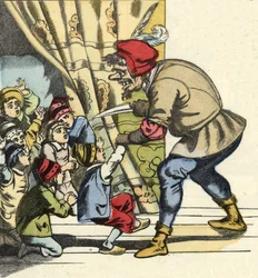 O ogre leva uma criança com a intenção de devorá-la. Ilustração do conto "Le Pepetit Poucet" de Charles Perrault