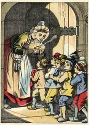A mulher do ogre abre a porta ao Poucet e seus irmãos. Ilustração do conto "Le Pepetit Poucet" de Charles Perrault