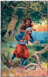 O velhote do mar. As maravilhosas aventuras de Sinbad (Sindbad), o marinheiro. Conto popular de 1001 noites (mil e uma noites). A cromolitografia do final do século XIX.