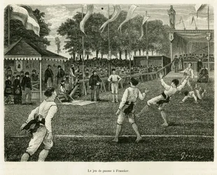 O jogo de palma tem Franeker (Holanda). Gravura para ilustrar a história La Frise, baseada num relacionamento de um jornal holandês, em le tour du monde 1886, dirigido por Edouard Charton (1807-1890), Hachette, Paris.