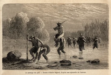 A passagem da gue, os índios Siriniris, se propõem espontaneamente a levar sobre seus ombros os membros da expedição, a fim de fazê-los atravessar as lagoas formadas no sopé do Monte Basiri (Peru). Engravure pour illustrrer le voyage dans les vall