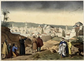 Os pelerins chegam à cidade de Jerusalém. Gravura anónima de meados do século XIX - no "Grande Catecismo das Famílias".