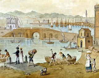 O porto de Nápoles e Santa Lúcia por volta de 1800: os viajantes preparam-se para partir e os carpinteiros constroem um barco. A aguarela.