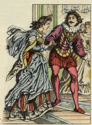 O príncipe convida a Cinderela para dançar. Ilustração do conto de Charles Perrault "Cinderela ou La petite slipper de verre".