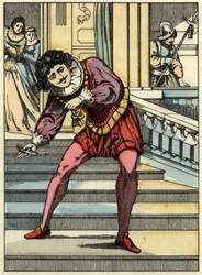 O príncipe pega no sapato de vidro da Cinderela. Ilustração do conto de Charles Perrault "Cinderela ou La petite slipper de verre".