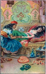 A princesa desmaia. Conto "Histoire du cheval enchante" em "Les mille et une nuits "(les 1001 nuits ou Le mille e una notte, Arabian Nights). Cromolitografia do final do século XIX.