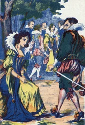 A idiotice da princesa prendeu os cortesãos. Ilustração anônima de "Riquet à la houppe", conto de Charles Perrault (1628-1703), escritor francês. Imagery Marcel Vagne, Jarville Nancy, sem data (final do século XIX).