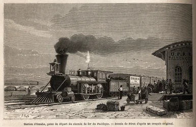 A ferrovia tem a Estação Omaha (Nebraska), o ponto de partida das linhas que levam ao Pacífico. Engravure pour illustration le voyage au far west americain, de M. L. Simonin, em 1867, publicado em "Le tour du monde, nouveau journal des voyages", editado