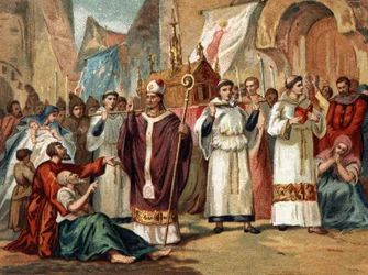 As relíquias de Sainte Genevieve (422-502), padroeira de Paris, são transportadas através das ruas de Paris. Cromolitografia por volta de 1890.