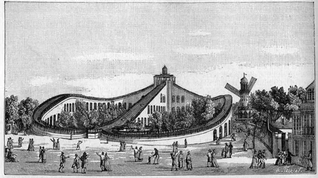 A montanha-russa do Jardim Beaujon, em Paris, em 1821. Em "Natureza. Review of sciences and their applications to the arts and industry". 1888