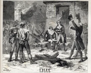 O prato de barbear de Lille. Um episódio do Siege de Lille em 1792 durante as Guerras Revolucionárias Francesas - Siege de Lille em 1792: a peruca Maes usando um estilhaço de bomba como prato de barba para barbear um cliente -