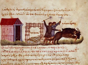 Os pastores procuram defender a besta do ataque dos lobos miniatura do comércio de caça "The Cynegetics" de Oppian (Oppian ou Oppianus) da Síria (século III d.C.) dedicado a Caracalla. Veneza do século XI. Biblioteca Marciana